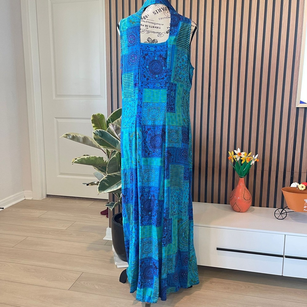 Scarlett Paisley Patchwork Maxi Dress Button Front‎ Sleeveless Blue Size 14 - Picture 5 of 8